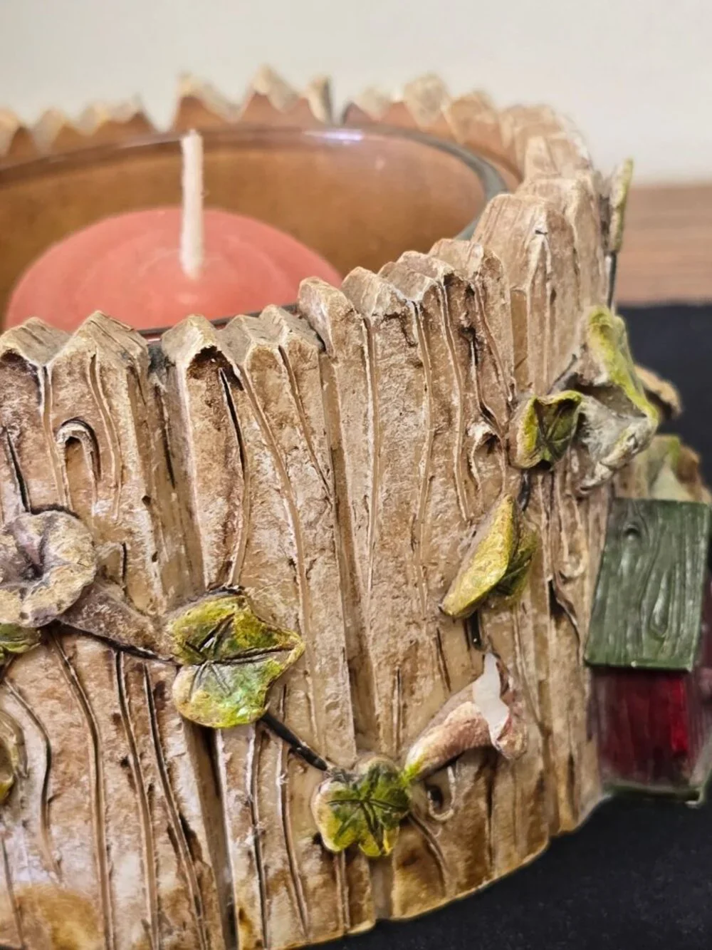Birdhouse Themed Votive Candle Holder & Insert Rustic Tree Log Homespun Country